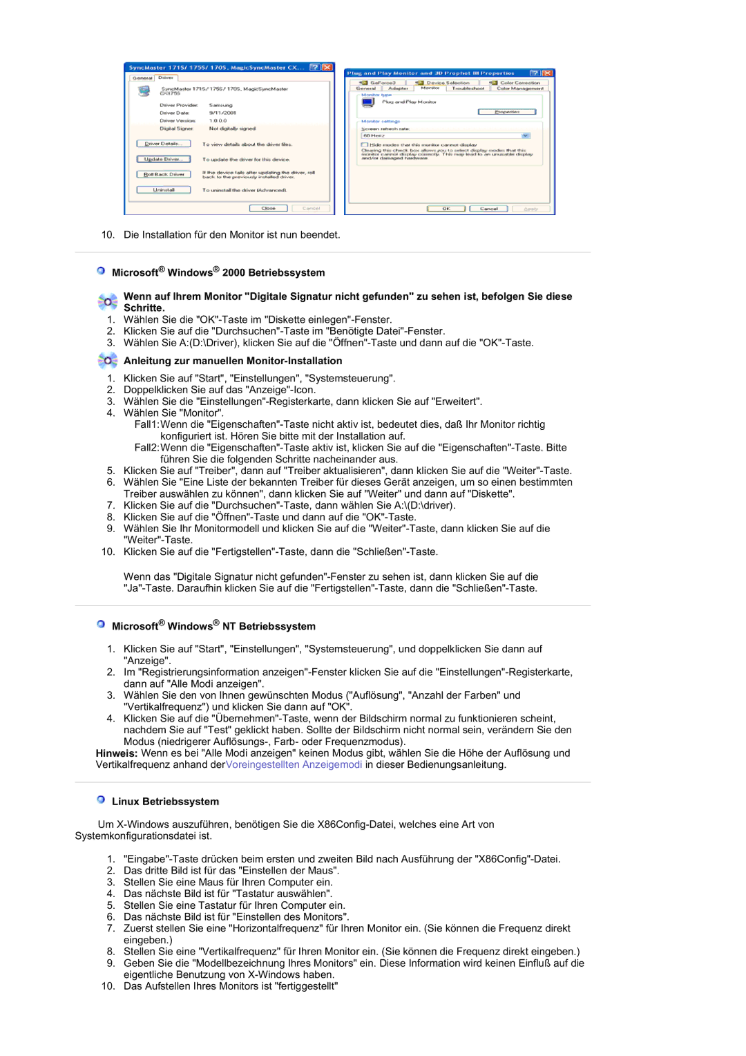 Samsung GS19ESSS/EDC manual Anleitung zur manuellen Monitor-Installation, Microsoft Windows NT Betriebssystem 