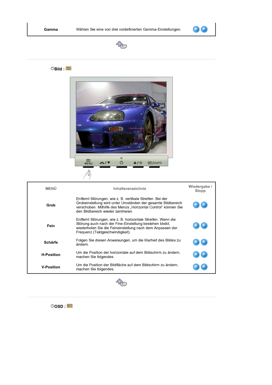 Samsung GS19ESSS/EDC manual Osd, Gamma, Grob Fein Schärfe Position 