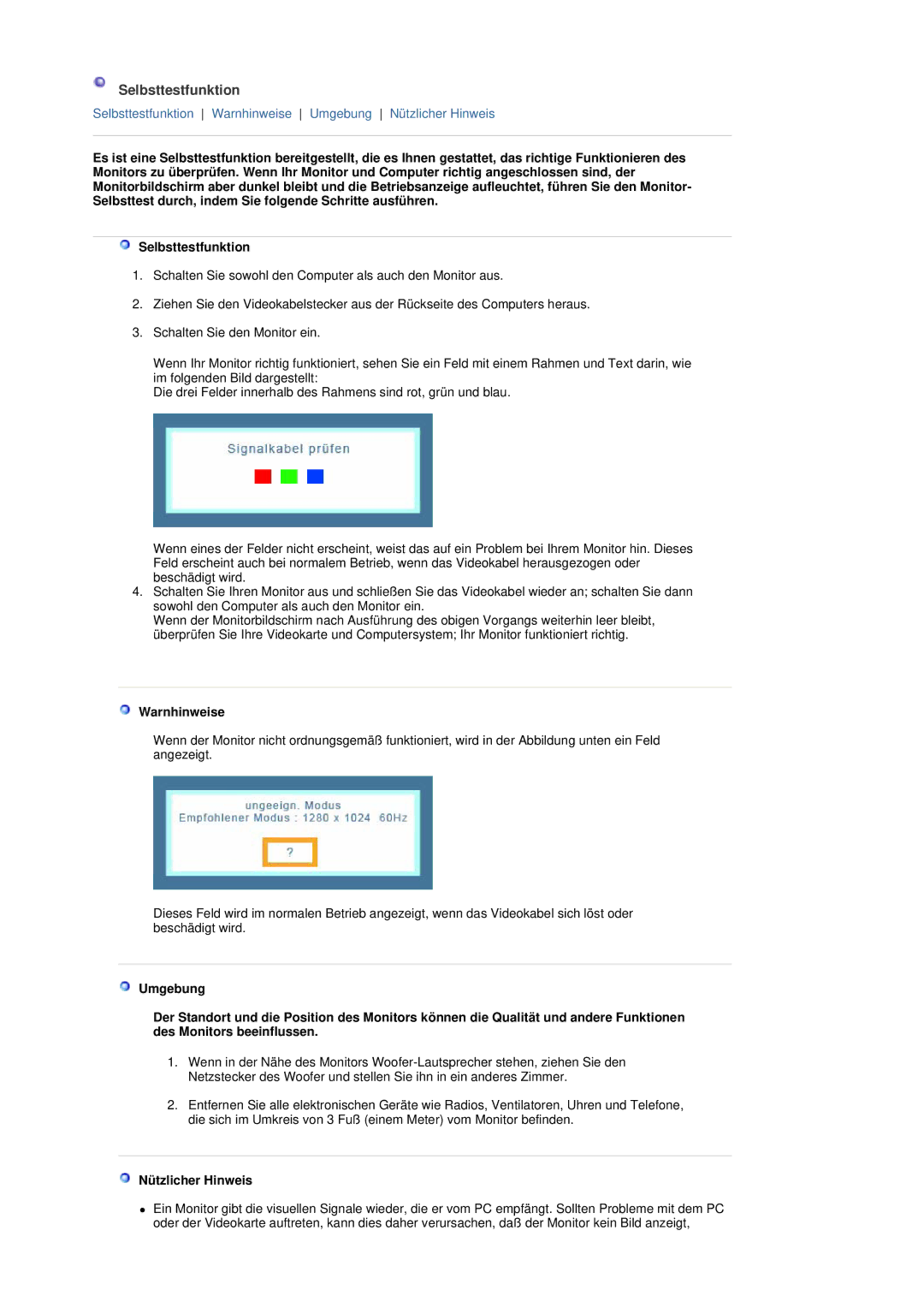 Samsung GS19ESSS/EDC manual Selbsttestfunktion, Warnhinweise, Nützlicher Hinweis 