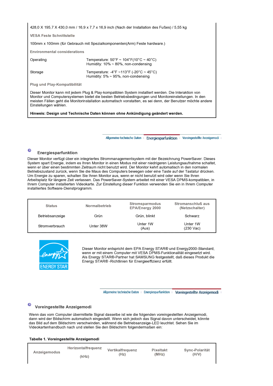 Samsung GS19ESSS/EDC manual Energiesparfunktion, Voreingestellte Anzeigemodi 