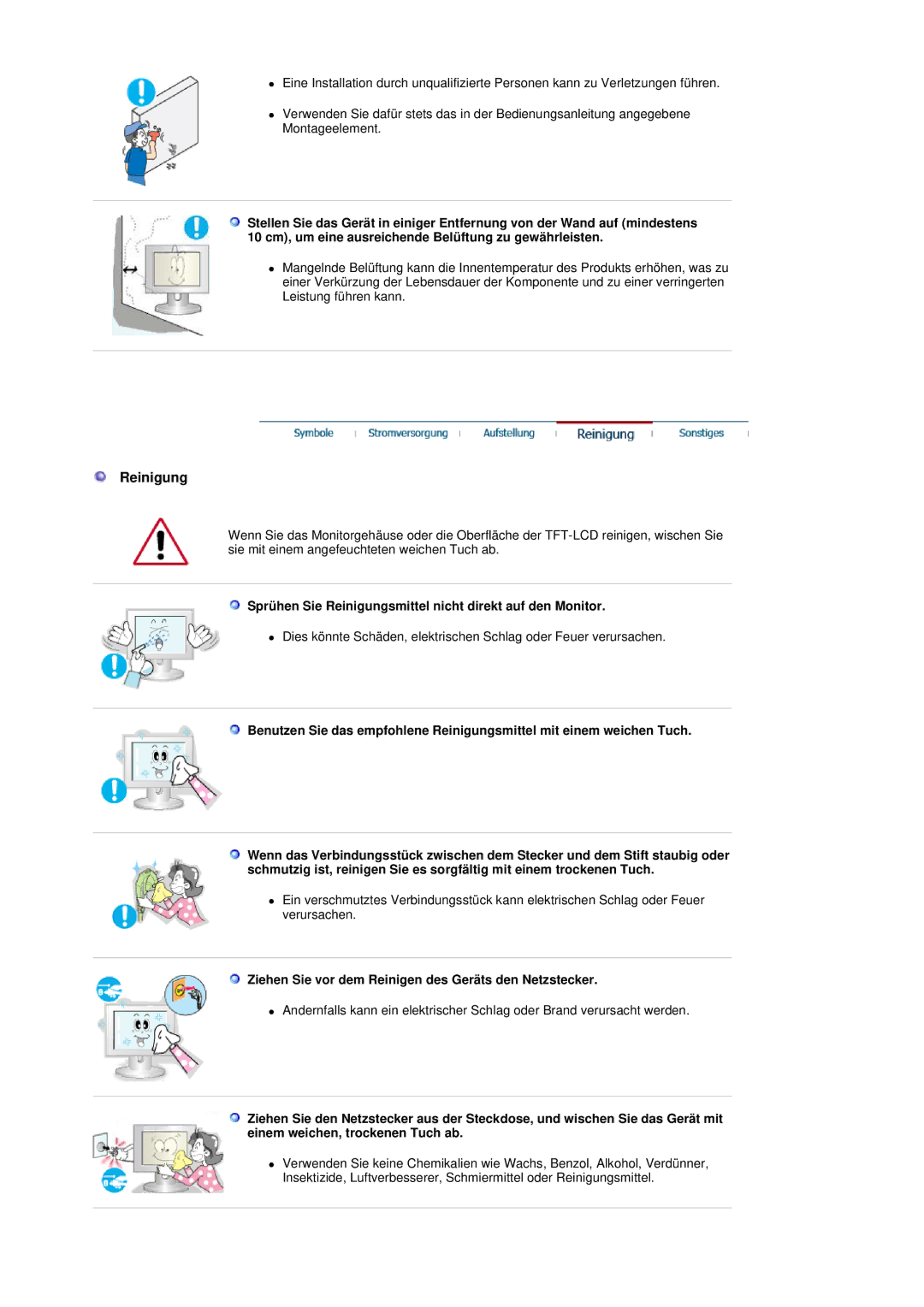 Samsung GS19ESSS/EDC manual Sprühen Sie Reinigungsmittel nicht direkt auf den Monitor 
