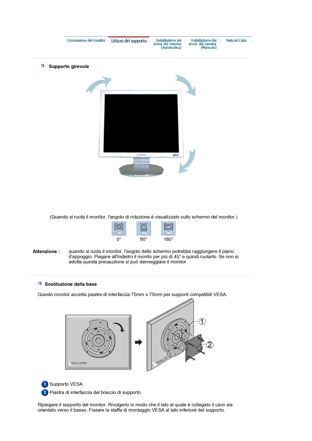 Samsung GS19ESSS/EDC manual Supporto girevole, Sostituzione della base 