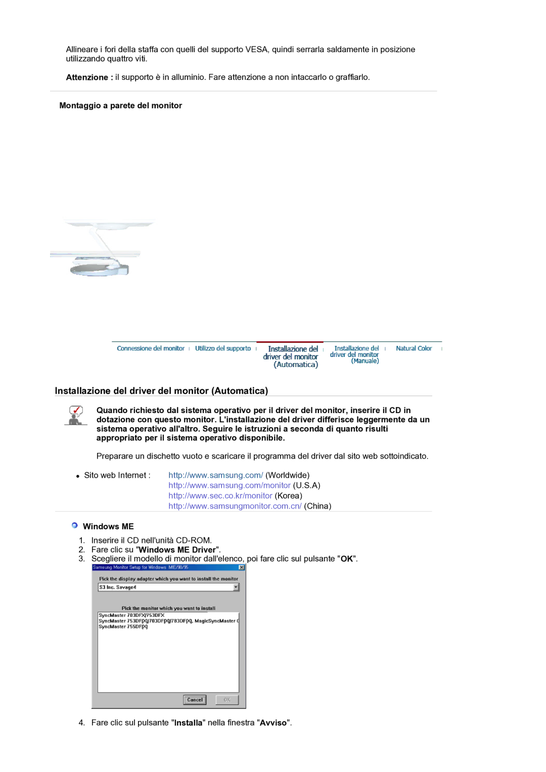 Samsung GS19ESSS/EDC manual Montaggio a parete del monitor, Fare clic su Windows ME Driver 