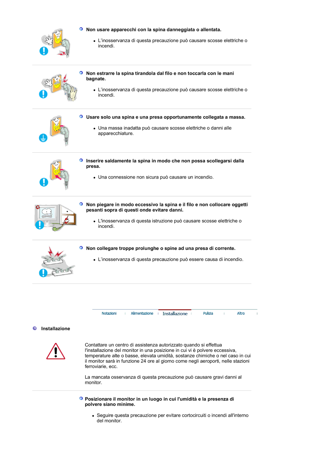 Samsung GS19ESSS/EDC manual Non usare apparecchi con la spina danneggiata o allentata, Installazione 