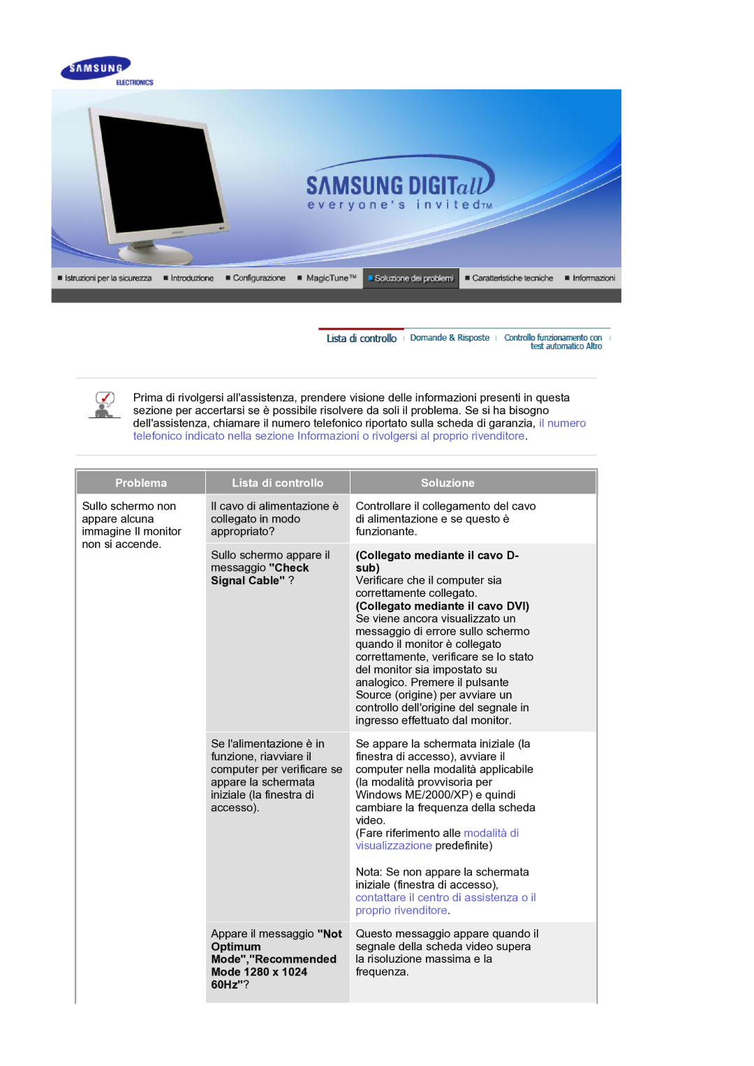 Samsung GS19ESSS/EDC Signal Cable ?, Optimum Mode,Recommended Mode 1280 x 1024 60Hz?, Collegato mediante il cavo D- sub 