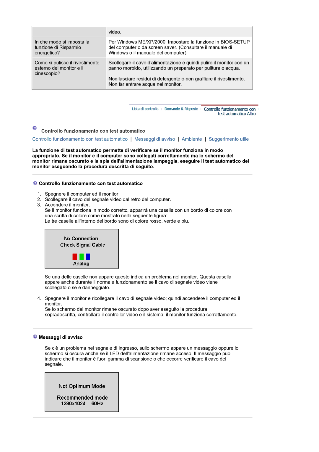 Samsung GS19ESSS/EDC manual Controllo funzionamento con test automatico, Messaggi di avviso 