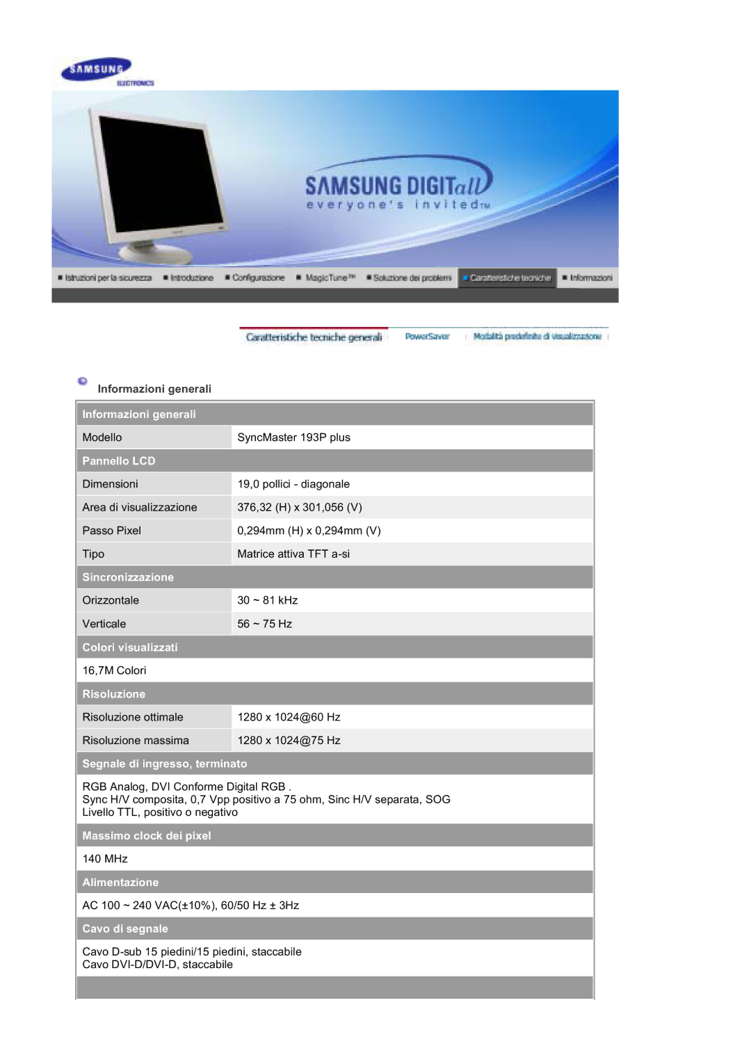 Samsung GS19ESSS/EDC manual Modello SyncMaster 193P plus 