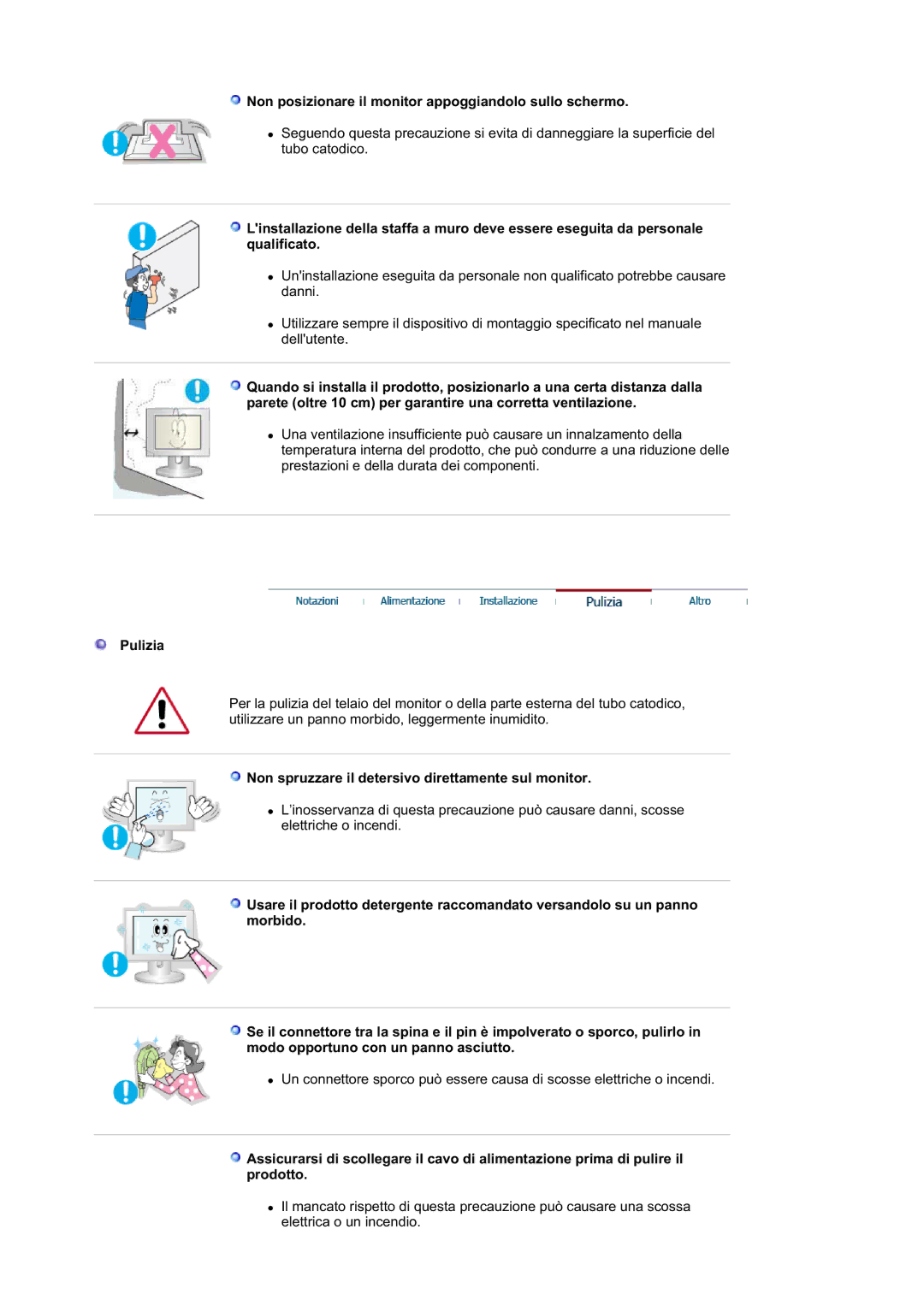 Samsung GS19ESSS/EDC manual Non posizionare il monitor appoggiandolo sullo schermo, Pulizia 