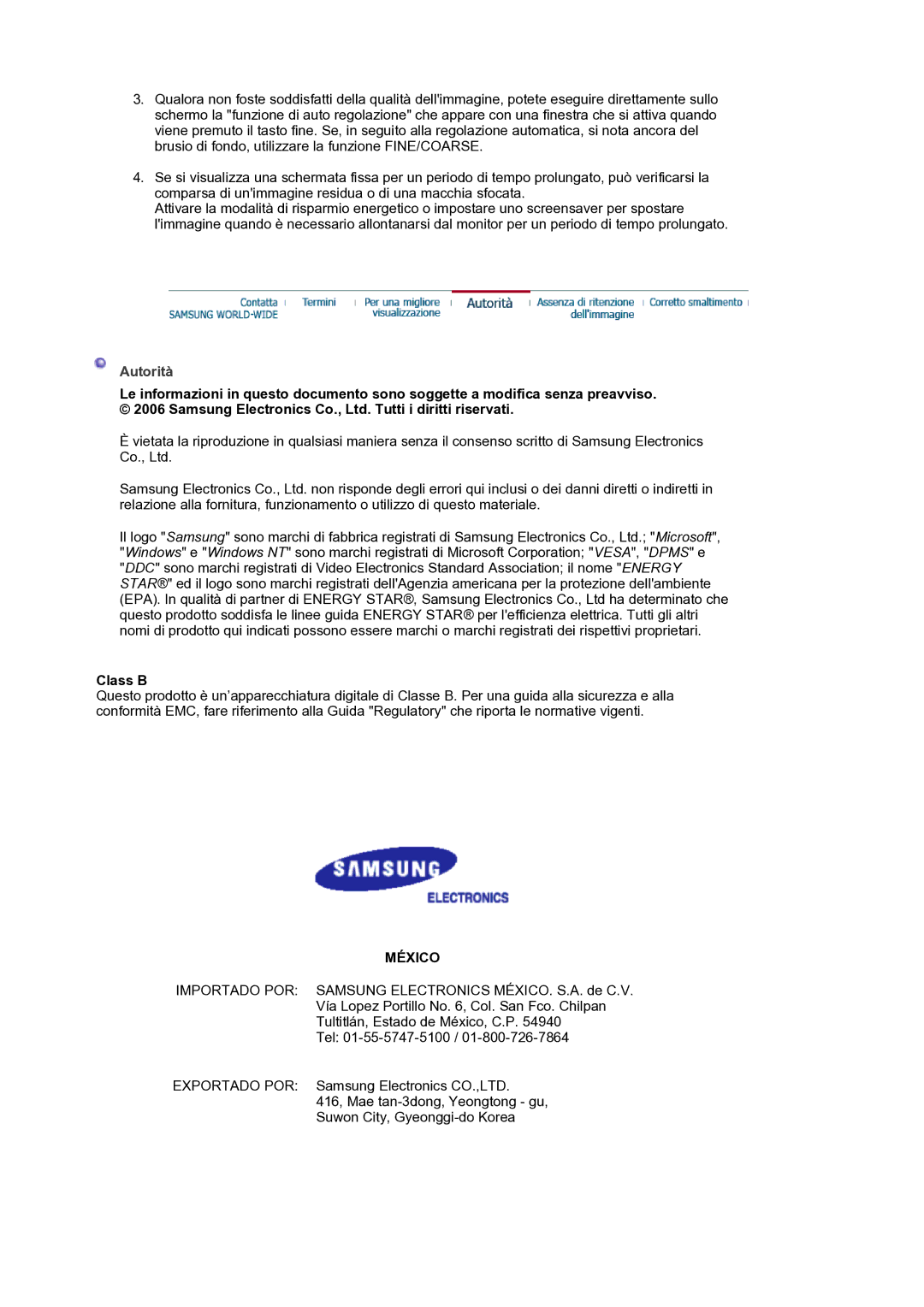 Samsung GS19ESSS/EDC manual Autorità, Class B 