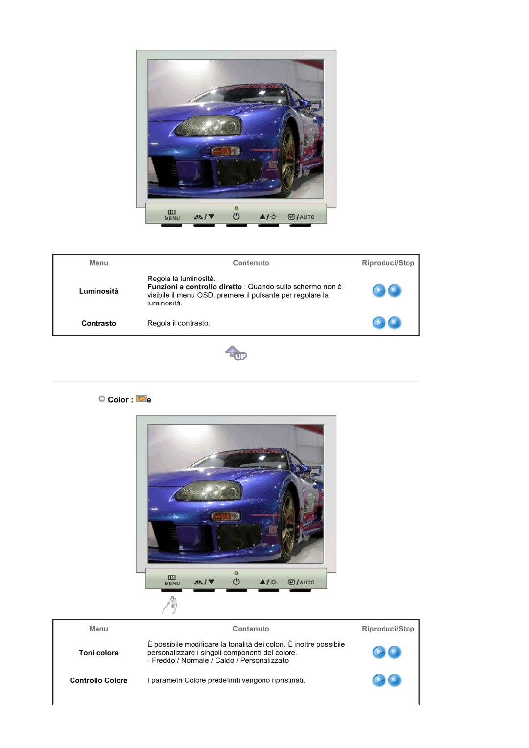 Samsung GS19ESSS/EDC manual Color e, Luminosità Contrasto, ContenutoRiproduci/Stop, Menu Contenuto 