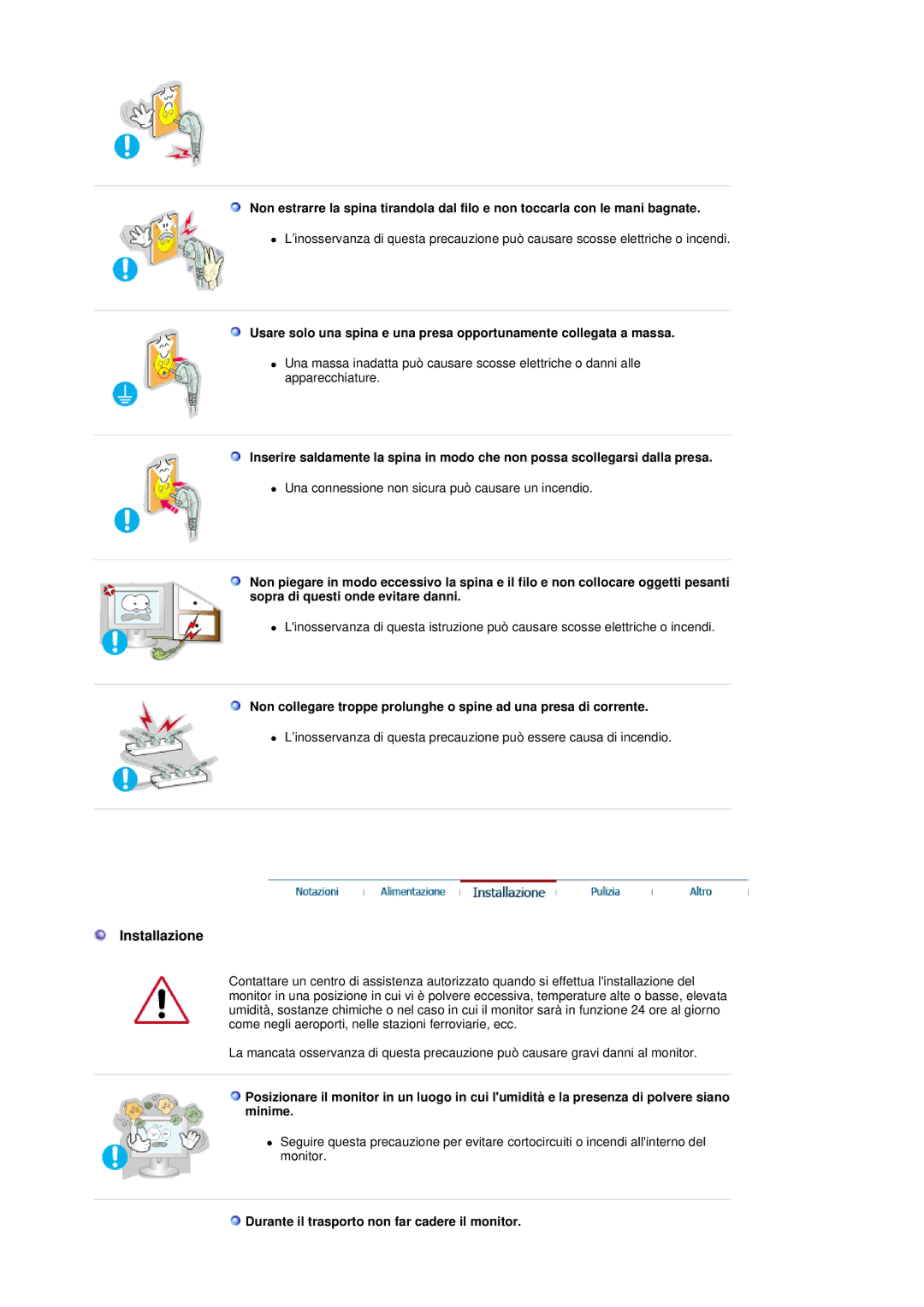 Samsung GS19ESSS/EDC manual Installazione, Durante il trasporto non far cadere il monitor 