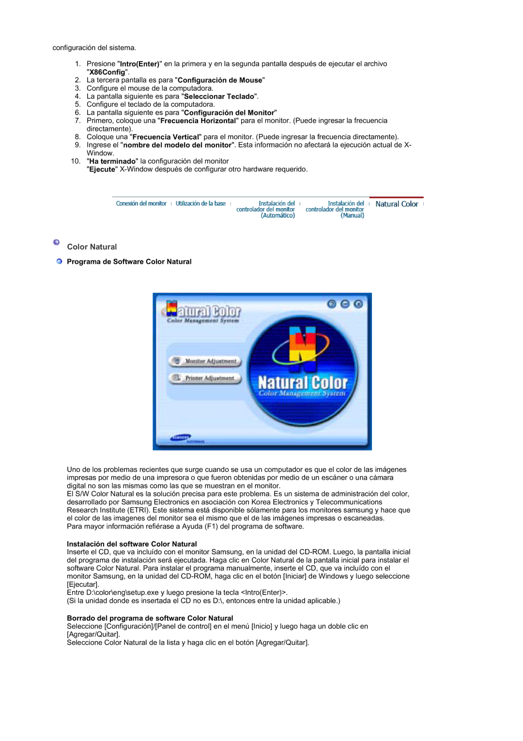 Samsung GS19ESSS/EDC manual Programa de Software Color Natural, Instalación del software Color Natural 