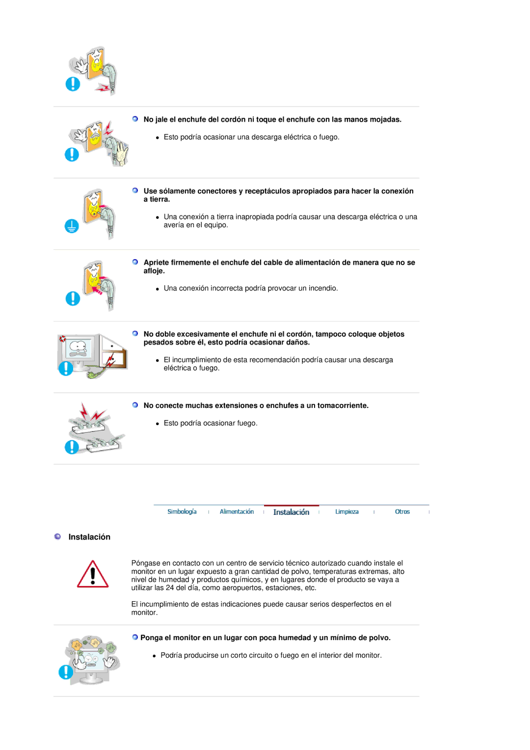 Samsung GS19ESSS/EDC manual Instalación, No conecte muchas extensiones o enchufes a un tomacorriente 