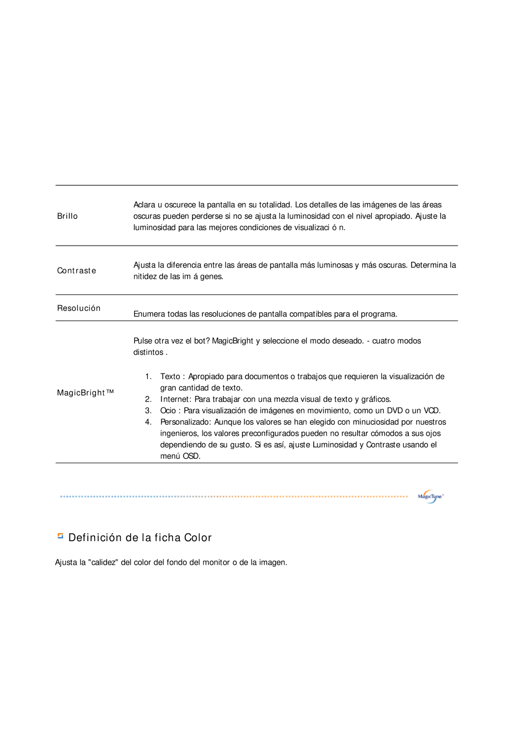 Samsung GS19ESSS/EDC manual Definición de la ficha Color 