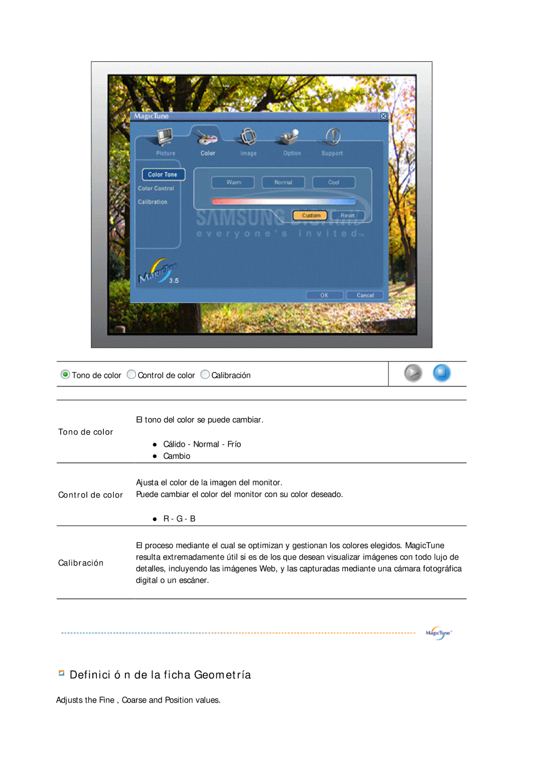 Samsung GS19ESSS/EDC manual Definici ó n de la ficha Geometría 