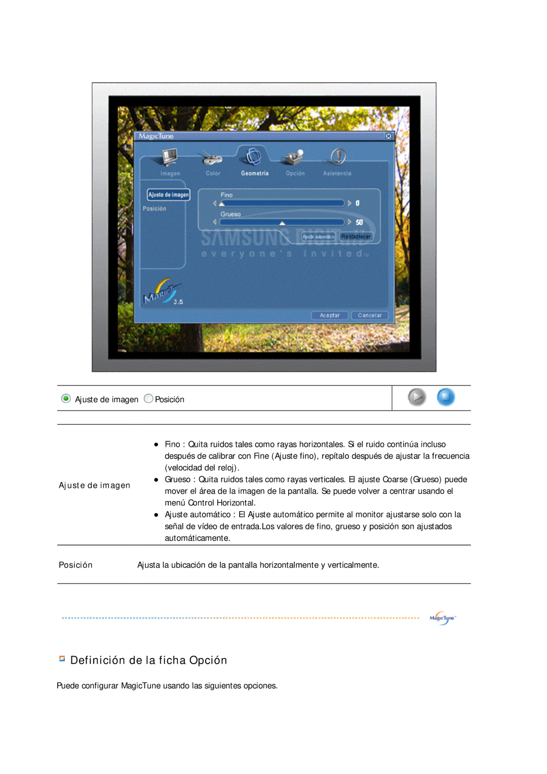 Samsung GS19ESSS/EDC manual Definición de la ficha Opción 