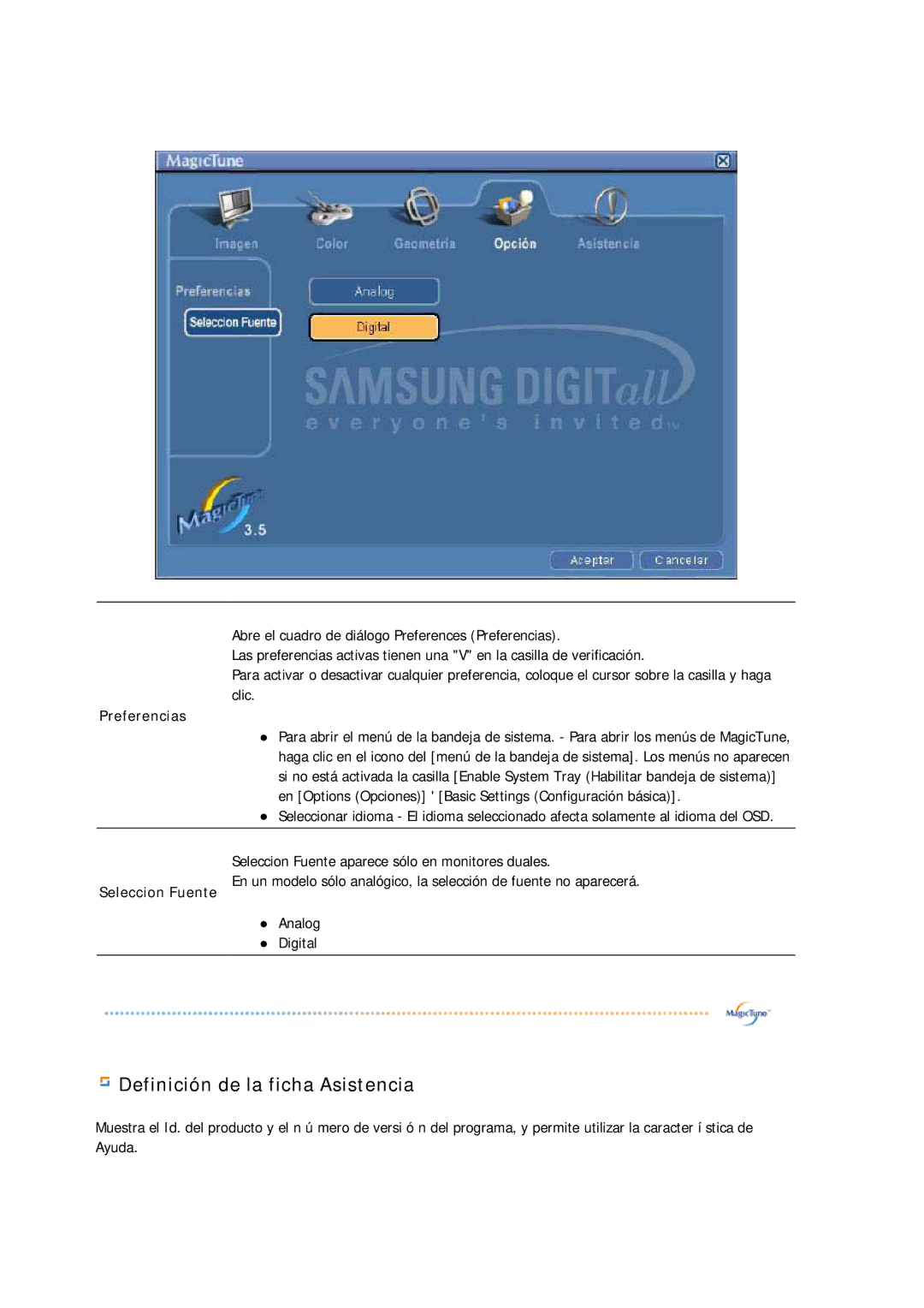 Samsung GS19ESSS/EDC manual Definición de la ficha Asistencia 