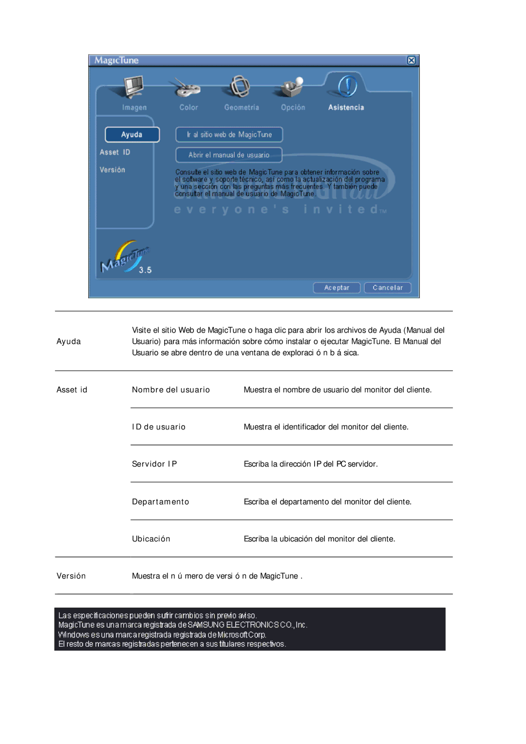 Samsung GS19ESSS/EDC manual Asset id Nombre del usuario 