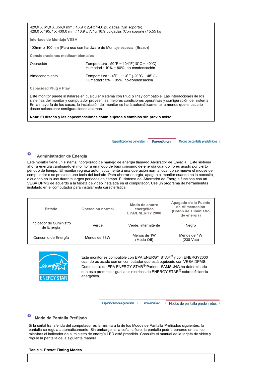 Samsung GS19ESSS/EDC manual Administrador de Energía, Mode de Pantalla Prefijado 