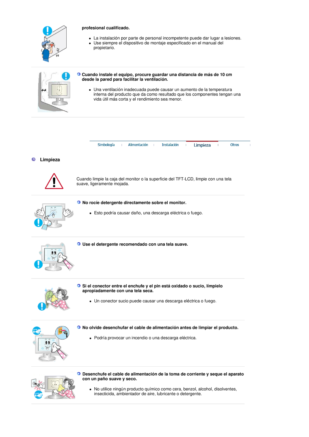 Samsung GS19ESSS/EDC manual Limpieza, Profesional cualificado, No rocíe detergente directamente sobre el monitor 