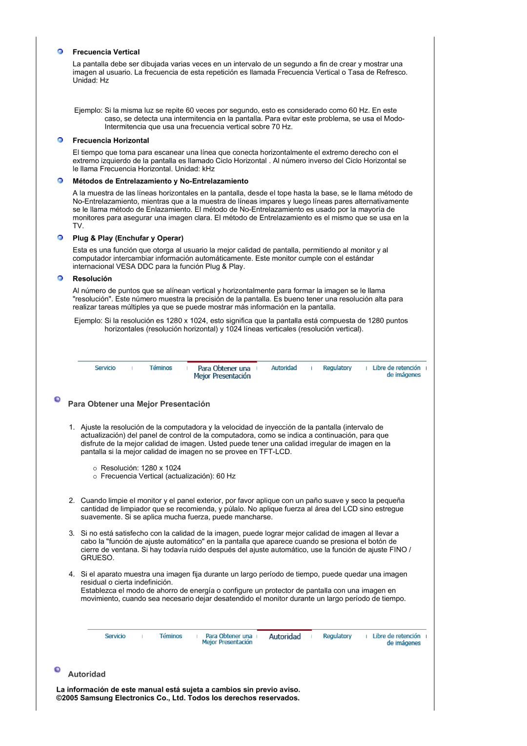 Samsung GS19ESSS/EDC manual Para Obtener una Mejor Presentación, Autoridad 