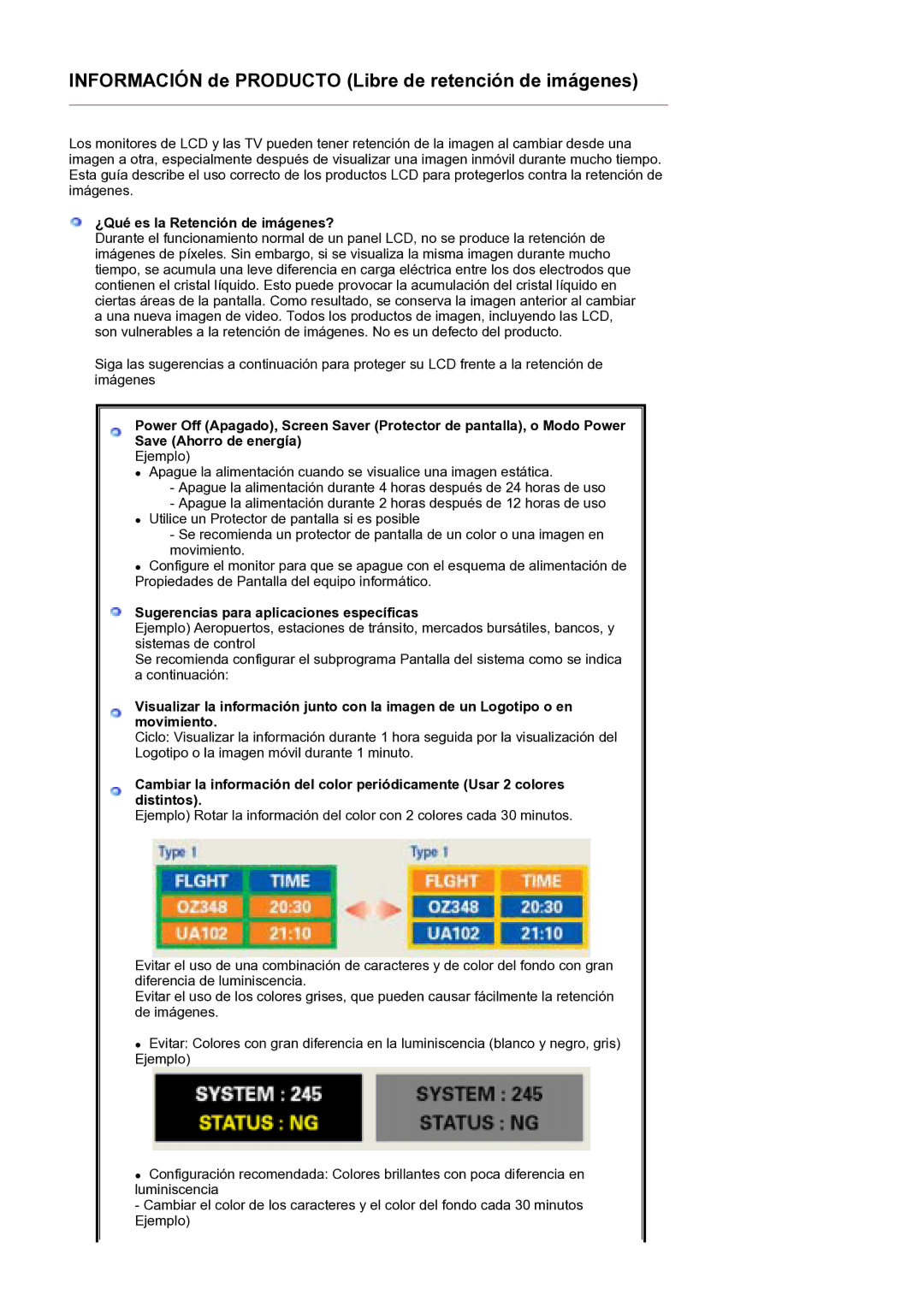 Samsung GS19ESSS/EDC manual ¿Qué es la Retención de imágenes?, Sugerencias para aplicaciones específicas 