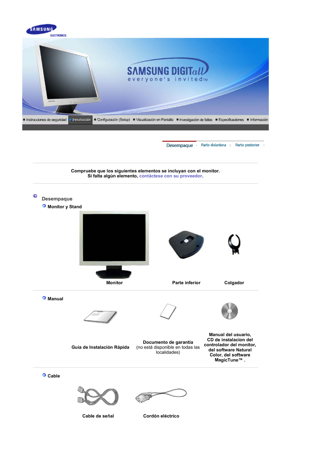 Samsung GS19ESSS/EDC manual Desempaque, Monitor y Stand Parte inferior, Manual, Cable Cable de señal 