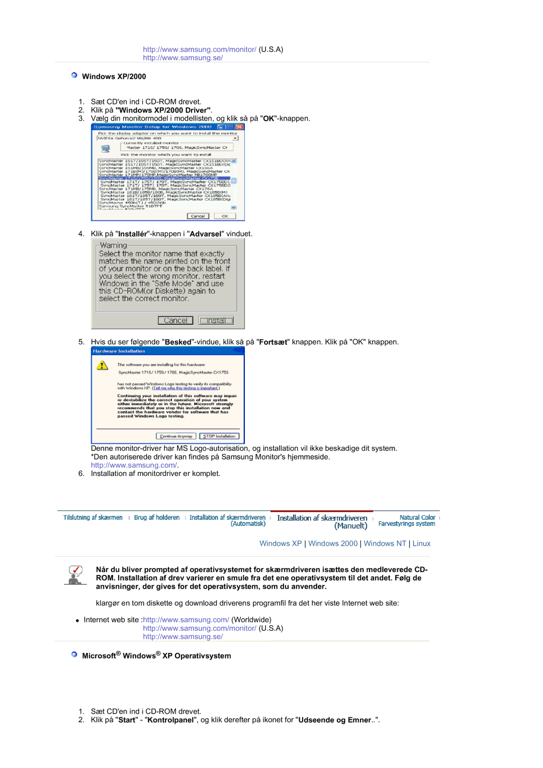 Samsung GS19ESSS/EDC manual Klik på Windows XP/2000 Driver, Microsoft Windows XP Operativsystem 