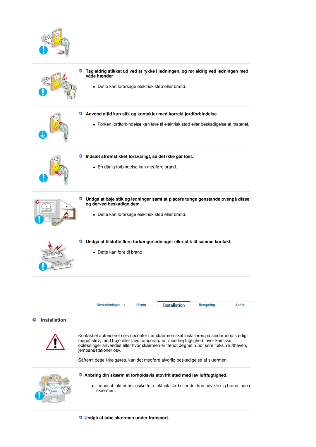 Samsung GS19ESSS/EDC manual Installation, Indsæt strømstikket forsvarligt, så det ikke går løst 