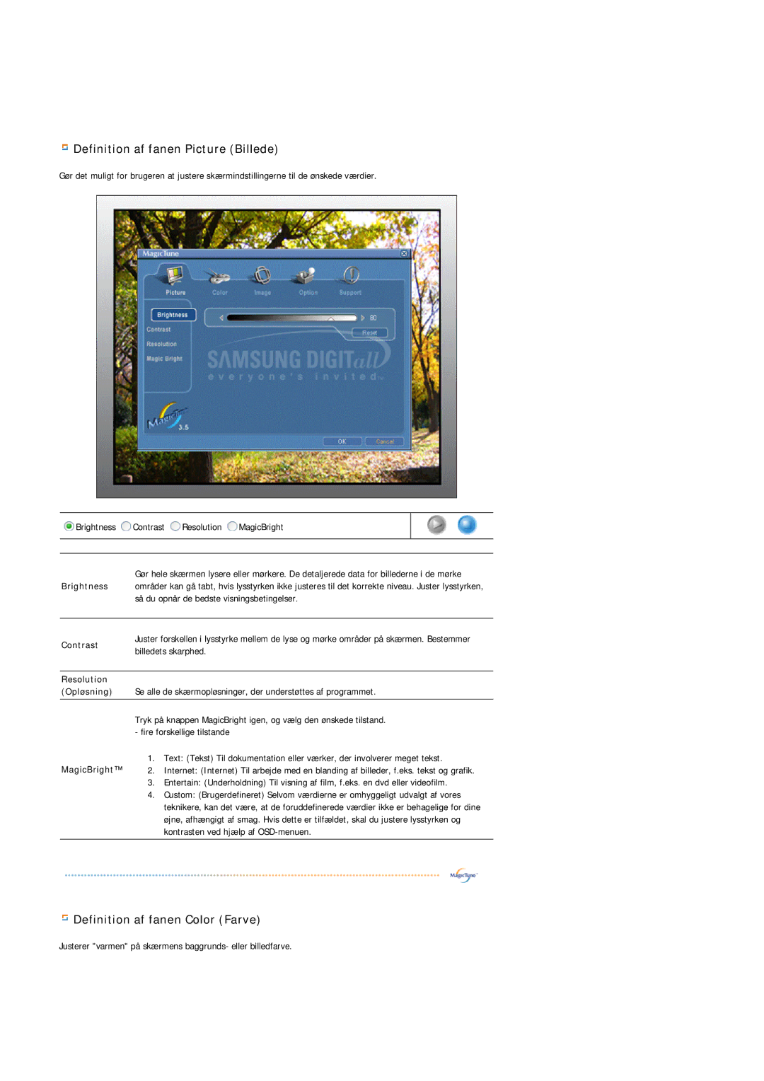 Samsung GS19ESSS/EDC manual Brightness, Contrast, Resolution Opløsning 