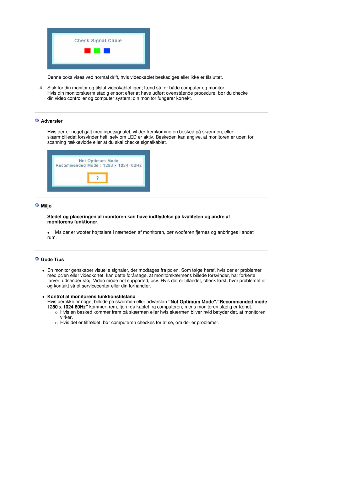 Samsung GS19ESSS/EDC manual Advarsler, Gode Tips, Kontrol af monitorens funktionstilstand 