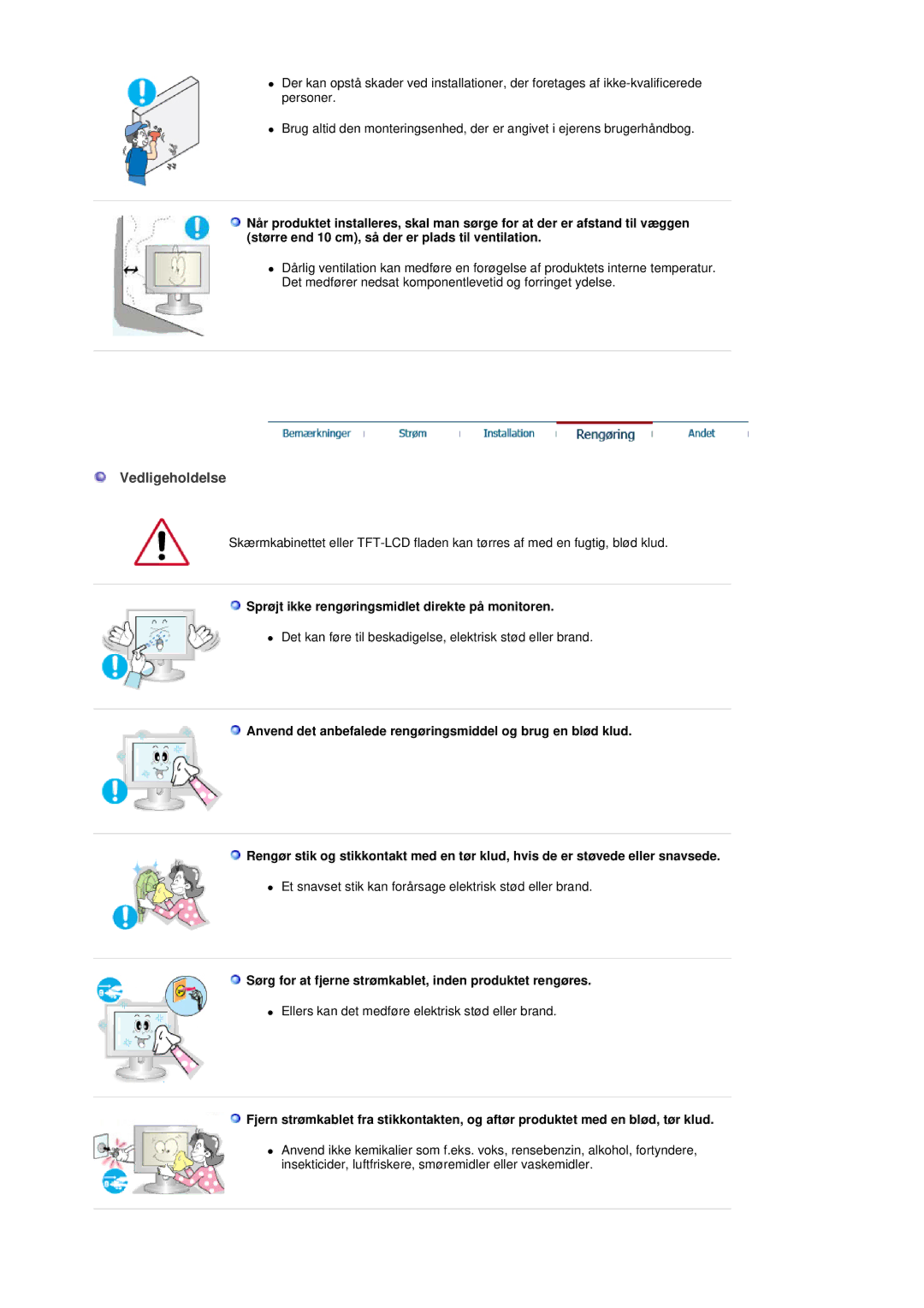 Samsung GS19ESSS/EDC manual Vedligeholdelse, Sprøjt ikke rengøringsmidlet direkte på monitoren 