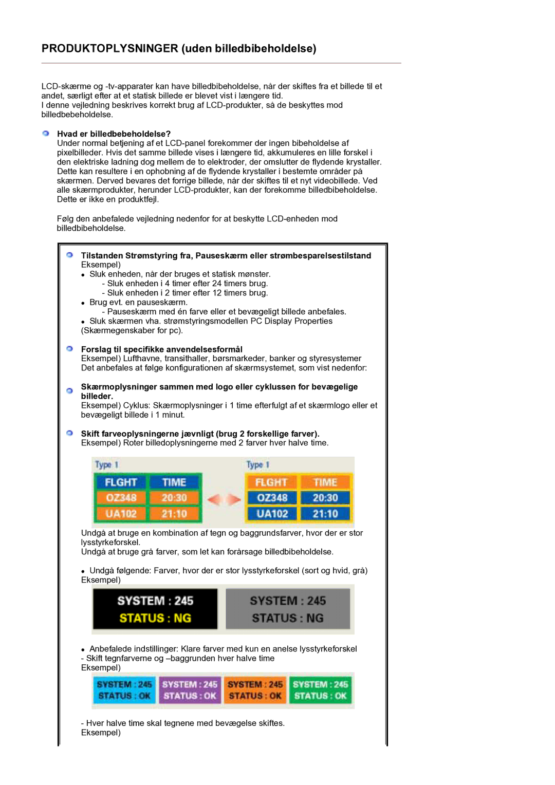 Samsung GS19ESSS/EDC manual Hvad er billedbebeholdelse?, Forslag til specifikke anvendelsesformål 