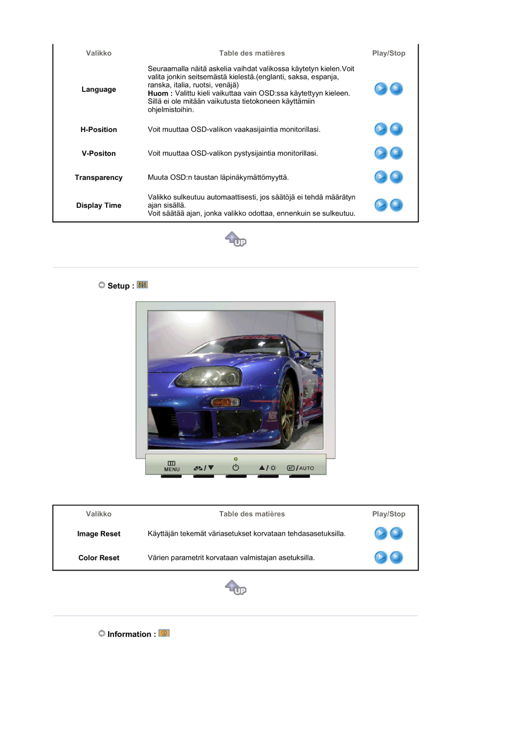 Samsung GS19ESSS/EDC manual Setup, Information, Language Position Positon Transparency Display Time 