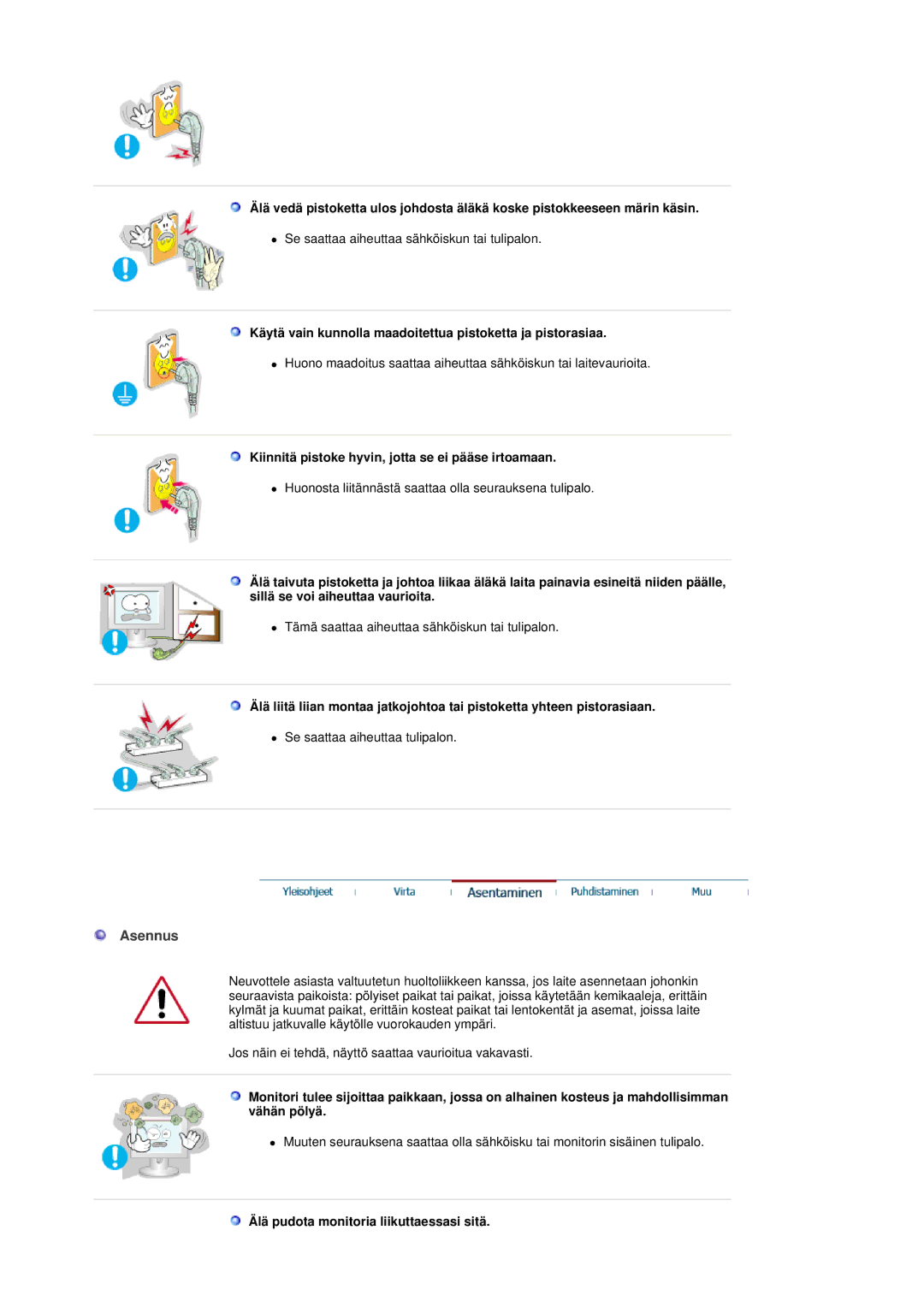 Samsung GS19ESSS/EDC manual Asennus, Käytä vain kunnolla maadoitettua pistoketta ja pistorasiaa 