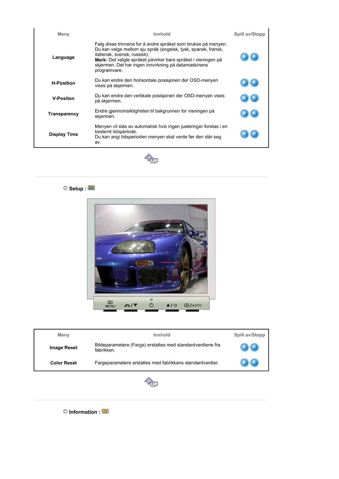 Samsung GS19ESSS/EDC Setup, Information, Language Position Positon Transparency Display Time, Image Reset Color Reset 