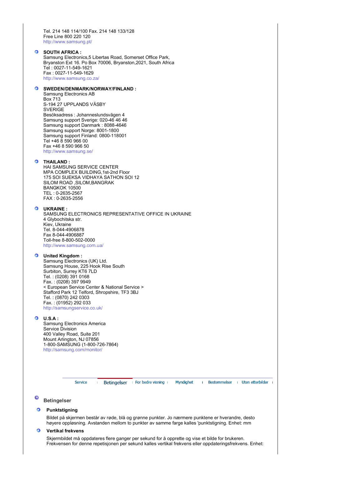 Samsung GS19ESSS/EDC manual Betingelser, United Kingdom, Punktstigning, Vertikal frekvens 