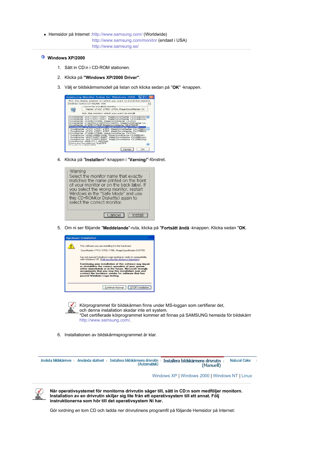 Samsung GS19ESSS/EDC manual Klicka på Windows XP/2000 Driver 