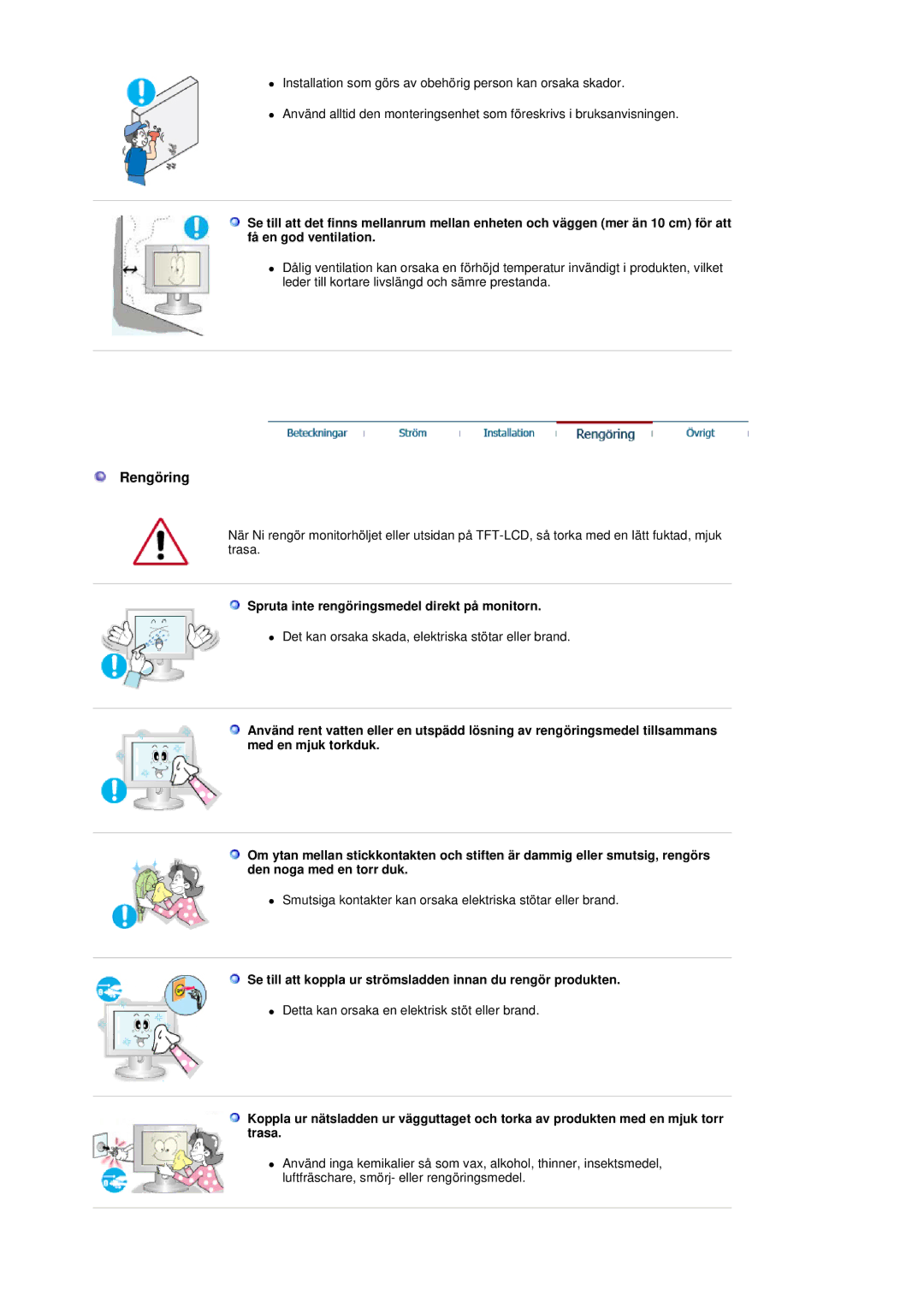 Samsung GS19ESSS/EDC manual Rengöring, Spruta inte rengöringsmedel direkt på monitorn 