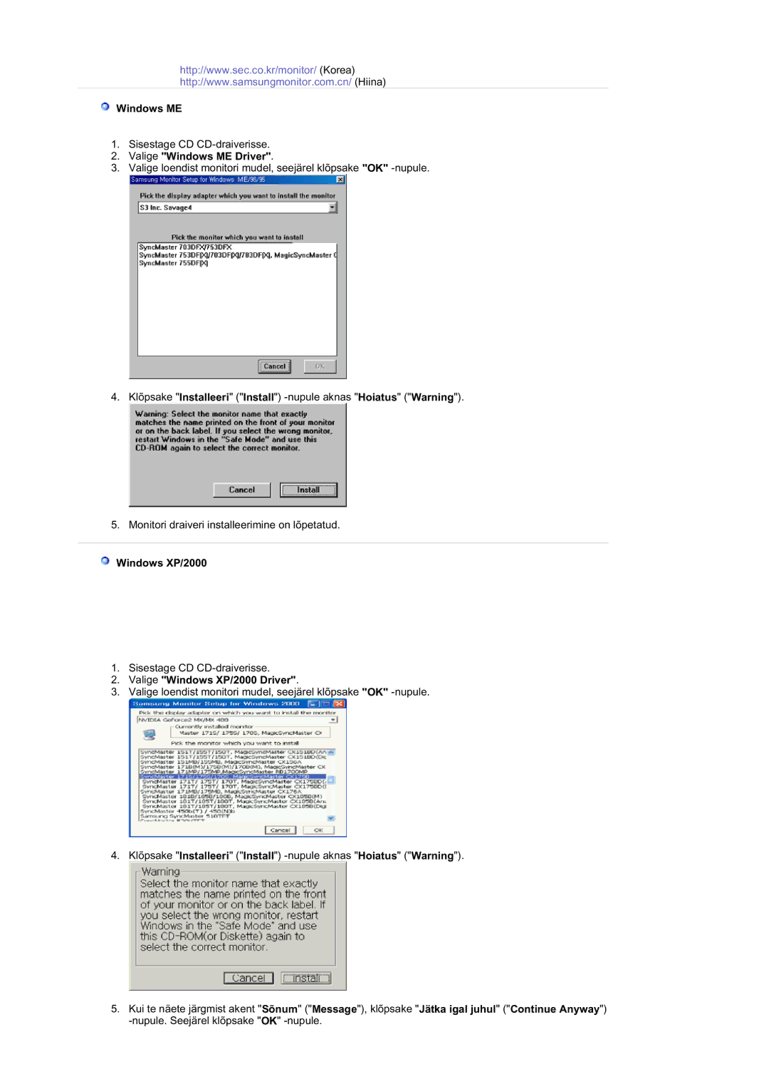 Samsung GS19ESSS/EDC manual Valige Windows ME Driver, Valige Windows XP/2000 Driver 