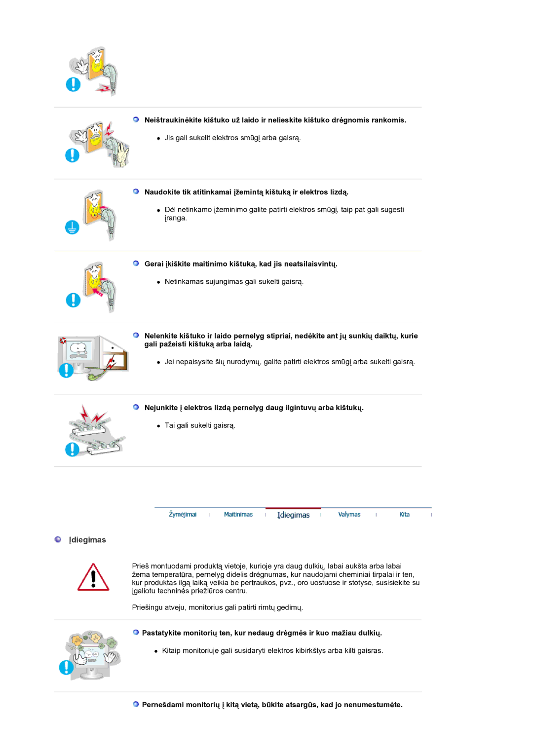 Samsung GS19ESSS/EDC manual Įdiegimas, Gerai įkiškite maitinimo kištuką, kad jis neatsilaisvintų 