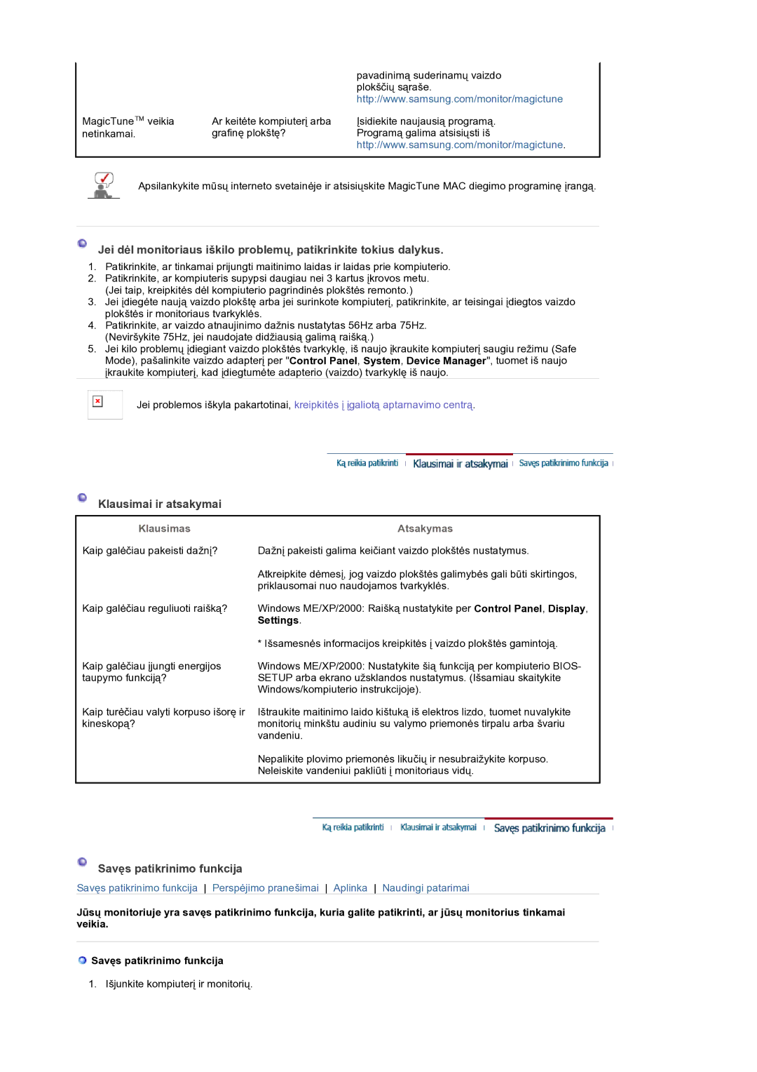 Samsung GS19ESSS/EDC manual Klausimai ir atsakymai, Savęs patikrinimo funkcija, Klausimas, Atsakymas, Settings 