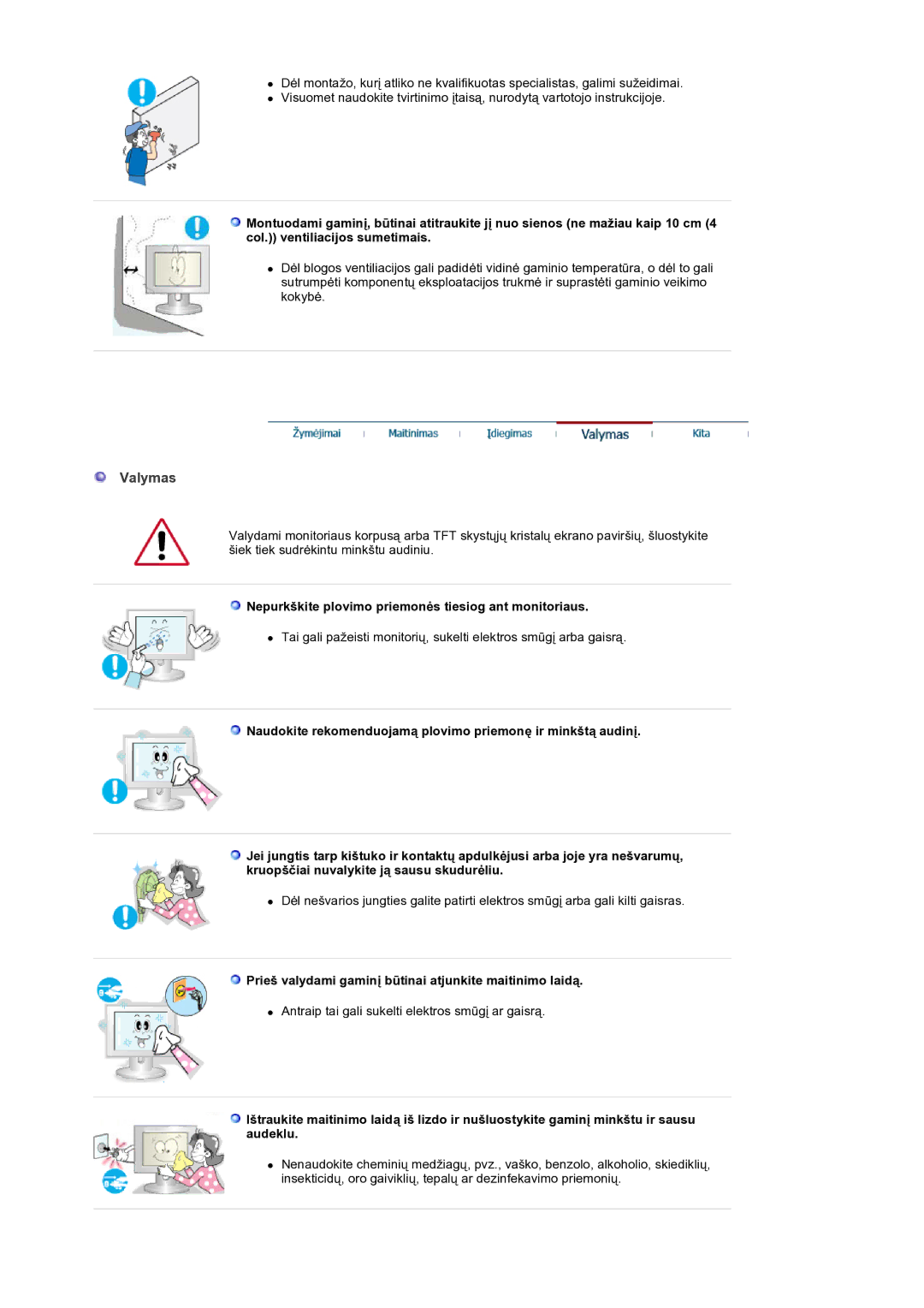 Samsung GS19ESSS/EDC manual Valymas, Nepurkškite plovimo priemonės tiesiog ant monitoriaus 