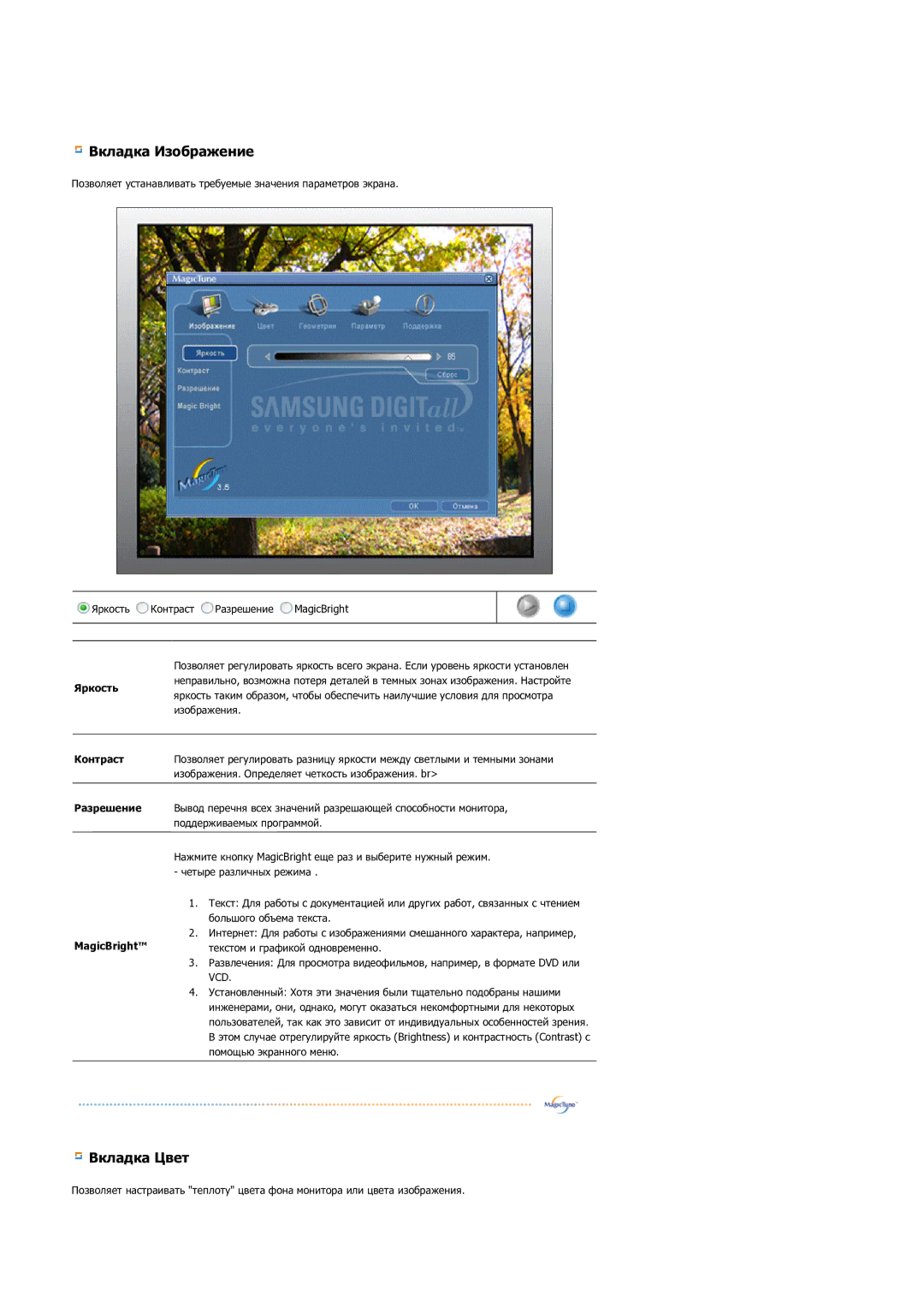 Samsung GS19ESSS/EDC manual Яркость, Контраст, Разрешение, MagicBright 
