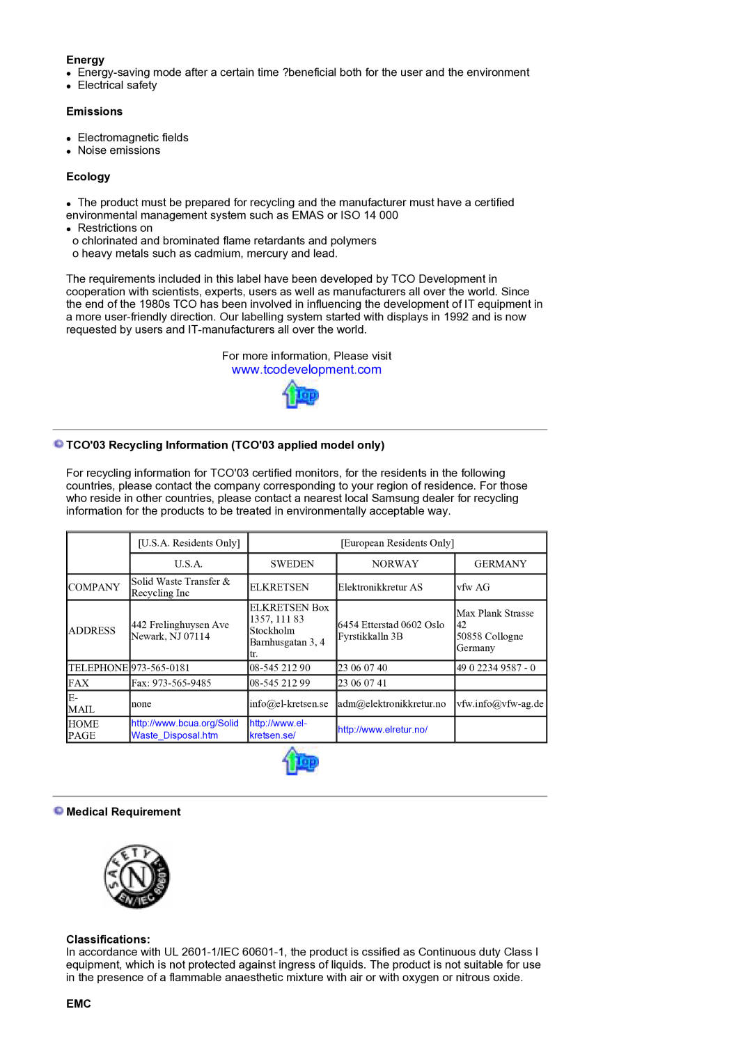 Samsung GS19ESSS/EDC manual Energy, Emissions, Ecology, TCO03 Recycling Information TCO03 applied model only 