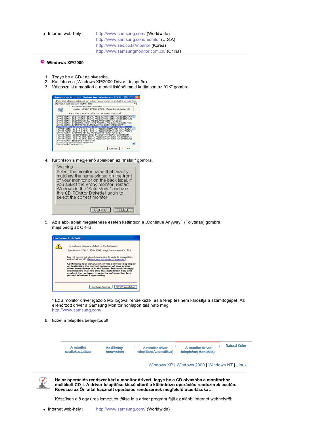 Samsung GS19ESSS/EDC manual Windows XP/2000, Windows XP Windows 2000 Windows NT Linux 