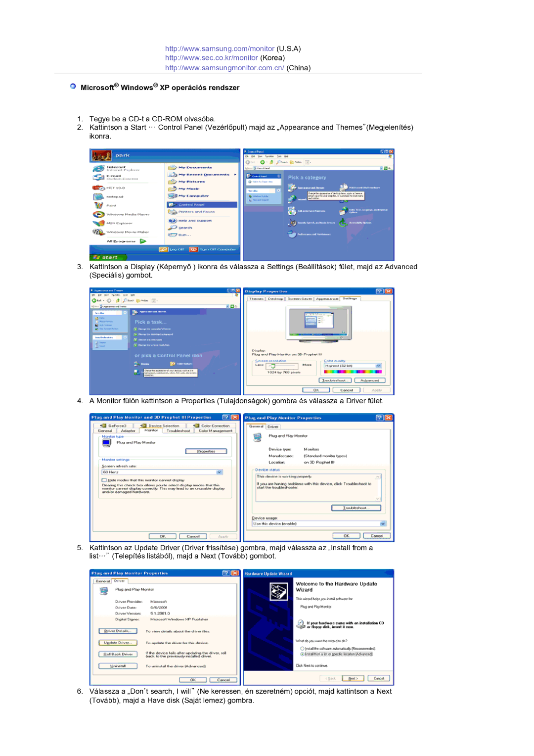 Samsung GS19ESSS/EDC manual Microsoft Windows XP operációs rendszer 