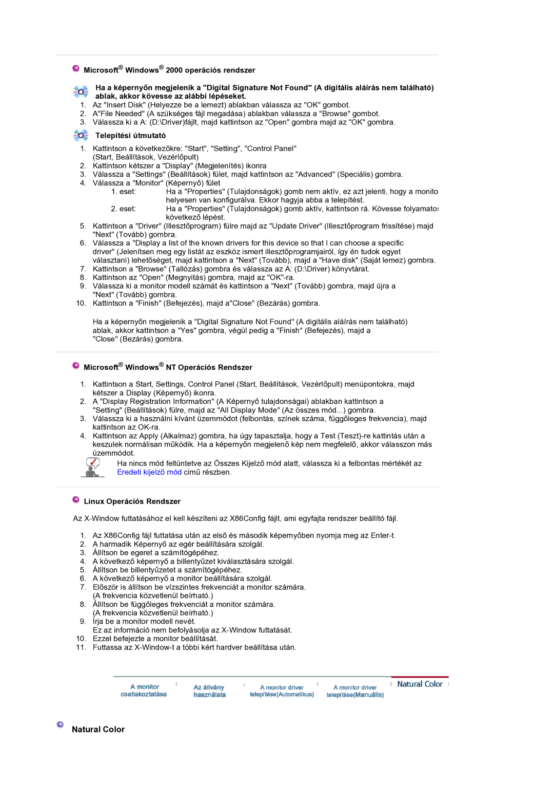 Samsung GS19ESSS/EDC Natural Color, Telepítési útmutató, Microsoft Windows NT Operációs Rendszer, Linux Operációs Rendszer 