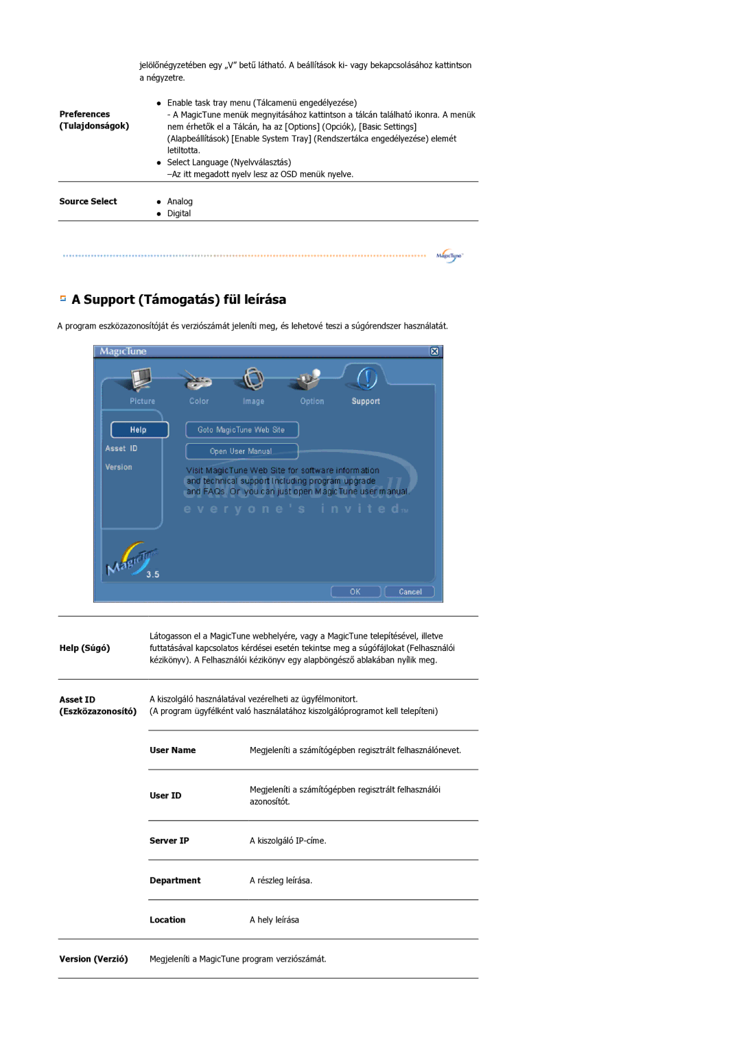 Samsung GS19ESSS/EDC manual Support Támogatás fül leírása 