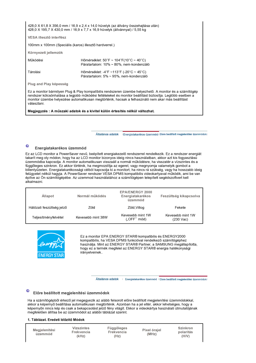 Samsung GS19ESSS/EDC manual Energiatakarékos üzemmód, ElĘre beállított megjelenítési üzemmódok, Vesa illesztĘ interfész 